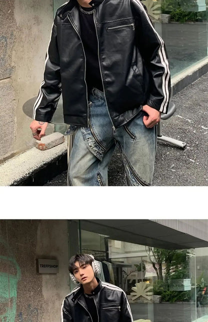 Retro Leather Jacket Men Women  American Patchwork Strip Racing Outerwear Loose Hip Hop Zippers Brown PU Coat Streetwear Spring