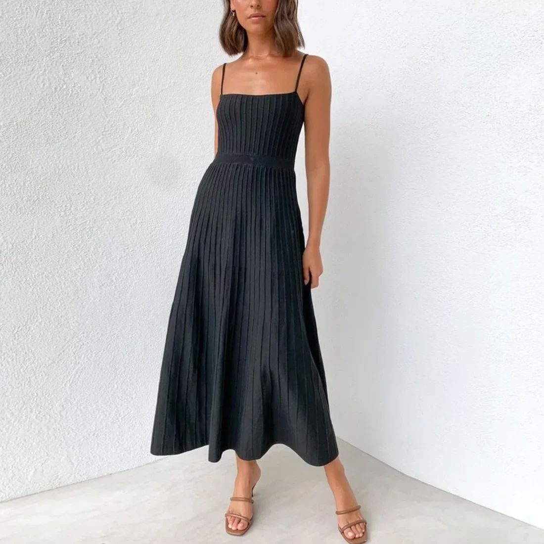 Knitted Pleated Long Dress High Waist Midi Sling Dress Elegant Sleeveless Yellow