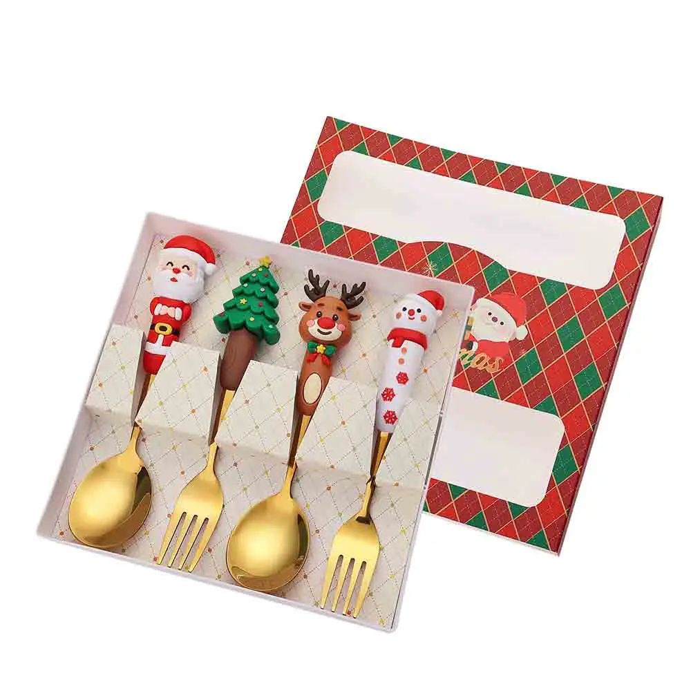 4PCS Christmas Cutlery Set Playful Silver Spoon and Fork Combination Reindeer and Christmas Tree Decorative Cutlery Gift Box