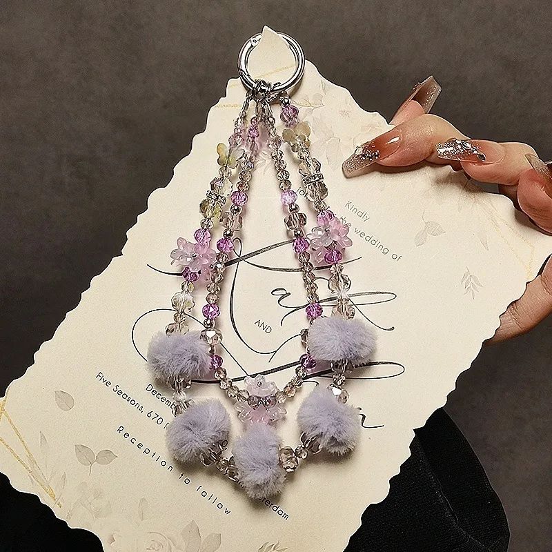 Autumn/Winter Plush Phone Strap Floral Beaded Crystal Pom-Pom Handbag Chain New Trendy Accessory for Smartphones
