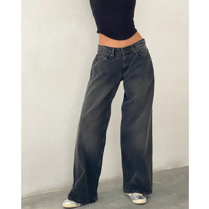 High Waist Straight Leg Women's Jeans Retro American Washed Denim Pants Autumn Street Style Wide Leg Trousers for Women