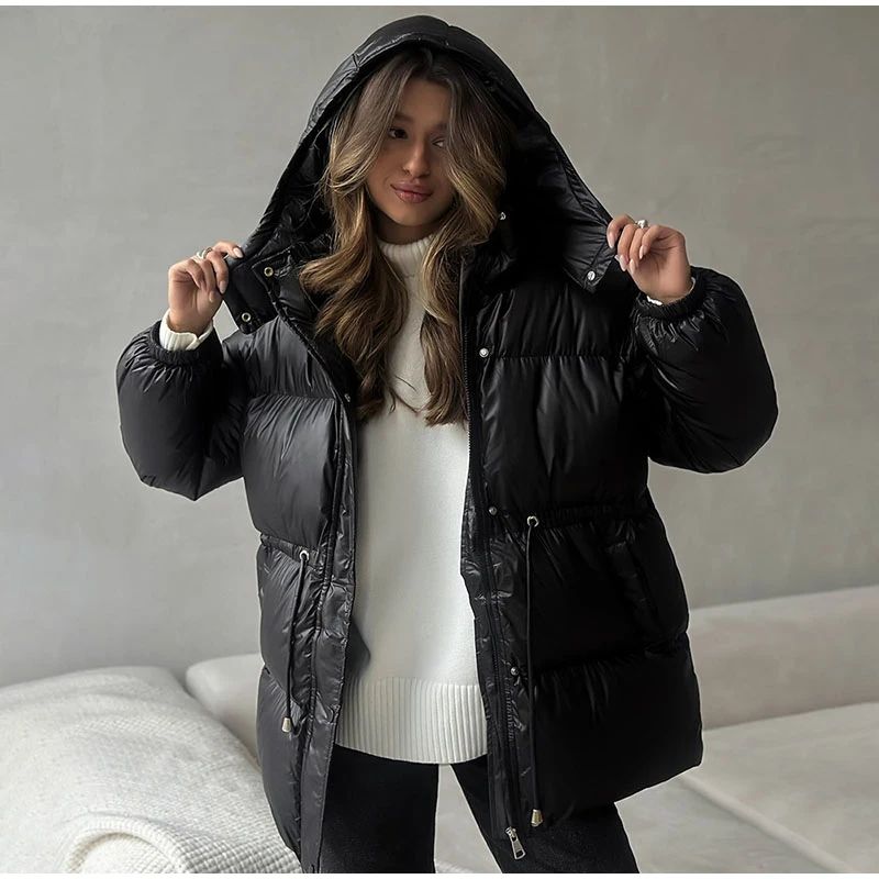 Glossy Shiny Women 's Down Jackets Vintage Hooded Zipper Puffer Full Sleeve Jackets For Woman 2025 Woman Winter Coats Outwears