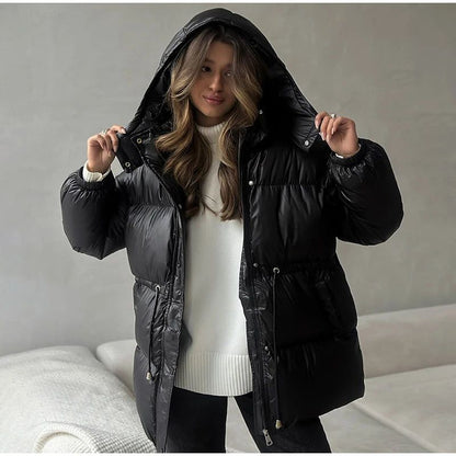 Glossy Shiny Women 's Down Jackets Vintage Hooded Zipper Puffer Full Sleeve Jackets For Woman 2025 Woman Winter Coats Outwears