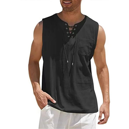 Cotton Linen Shirts Men's Casual Sleeveless Vest Lace Up Shirts Retro V Neck Tank Tops Loose Shirt Male Solid Color Clothes