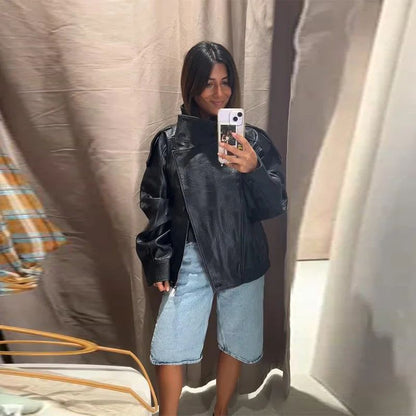 Vintage PU Leather Bomber Jackets 2025 Autumn New Ladies Zipper Lapel Long Sleeve Pocket Coat With Belt Women's Loose Streetwear