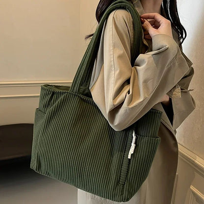 Casual Corduroy Handbag with Zipper Closure Light and Large Capacity Fixed Shoulder Strap Solid Color Daily Commuter Handbag
