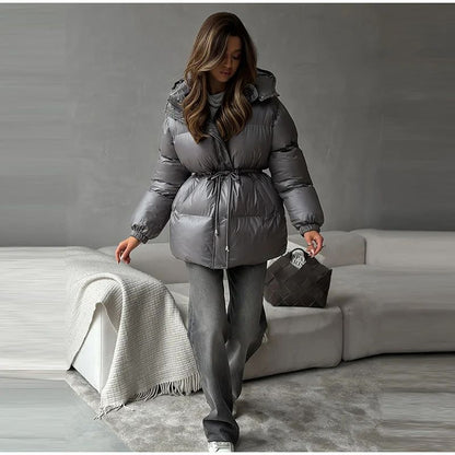 Glossy Shiny Women 's Down Jackets Vintage Hooded Zipper Puffer Full Sleeve Jackets For Woman 2025 Woman Winter Coats Outwears