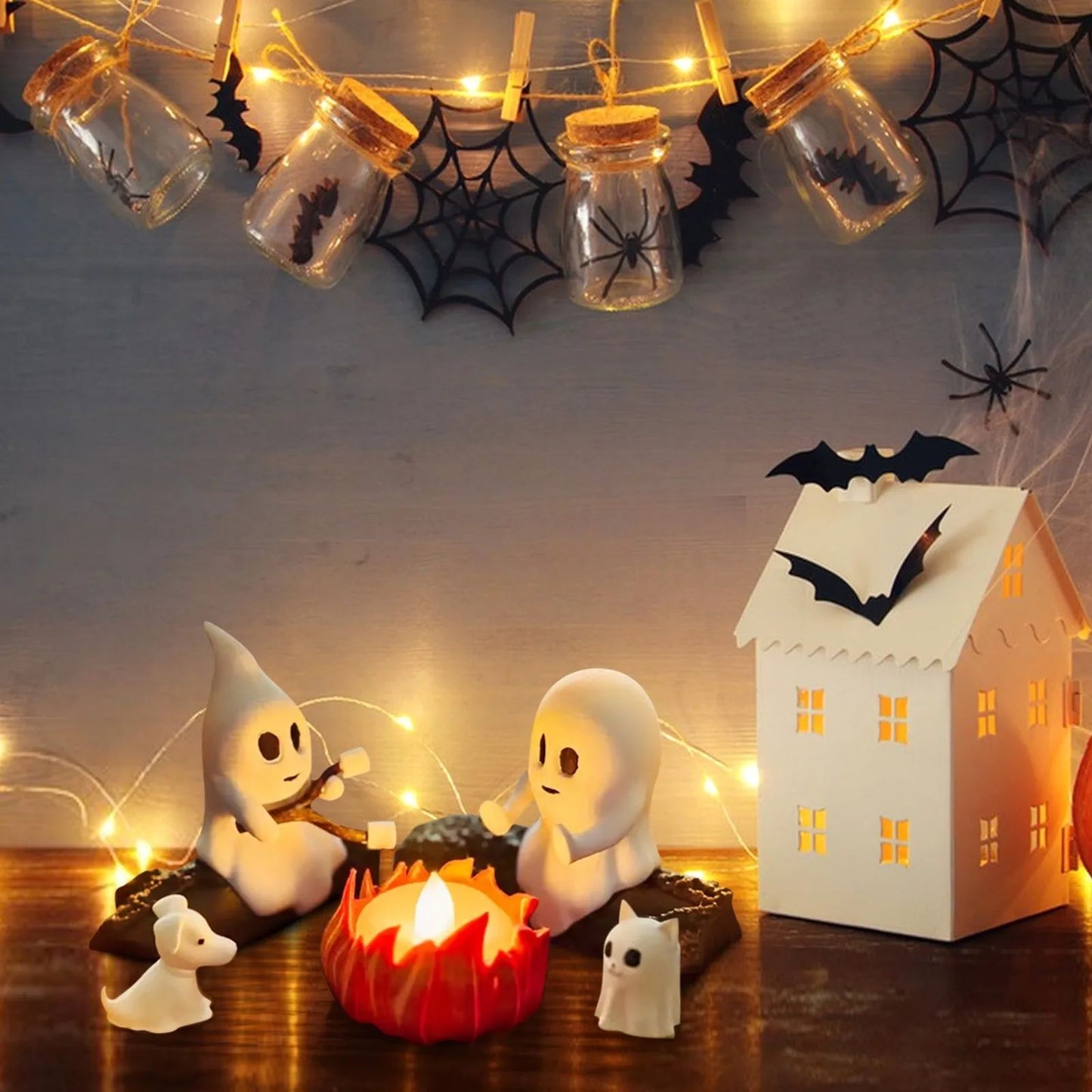 Halloween Ghost Nightlight Campfire Figurine Set Cute Ghost Statue Small Campfire Light Fun Halloween Decor Gift for Home Party