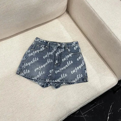 Female Sexy Vintage Letter High Waist A-line Skirt Summer All-match Fashionable Slim Buttons Zipper Denim Short Skirt Women