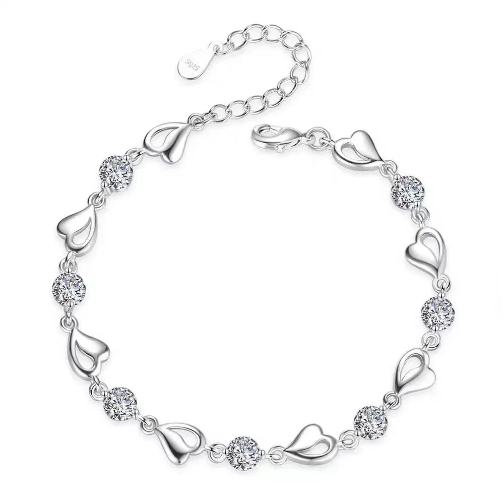 925 Sterling Silver Heart Shaped Necklace Bracelet Set for Women Vintage Korean Blue Crystal Bracelets Jewelry Set Party Jewelry