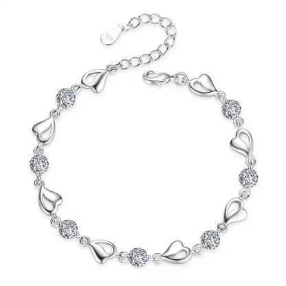 925 Sterling Silver Heart Shaped Necklace Bracelet Set for Women Vintage Korean Blue Crystal Bracelets Jewelry Set Party Jewelry