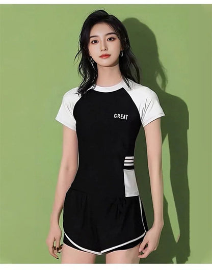 Sporty Two-Piece Swimsuit Short Sleeve plus Size Concealing Conservative Flat Footwear for Hot Springs Swimming Costume