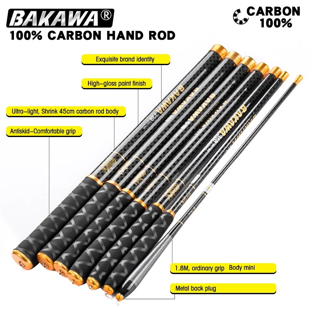 Vara de Pesca BAKAWA Stream Telescópica 3.6M/3.9M/4.5M/5.4M/6.3M/7.2M 100% Fibra de Carbono Pesca de Carpa em Água Doce Pesca de Viagem