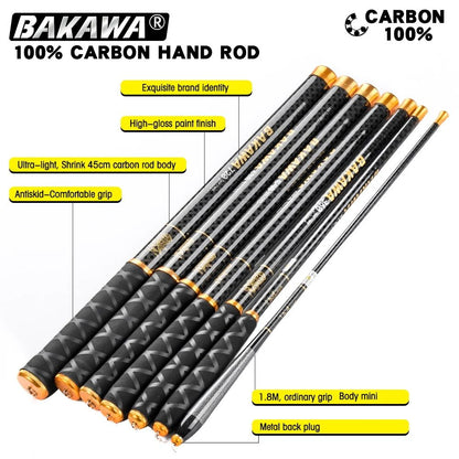 Vara de Pesca BAKAWA Stream Telescópica 3.6M/3.9M/4.5M/5.4M/6.3M/7.2M 100% Fibra de Carbono Pesca de Carpa em Água Doce Pesca de Viagem