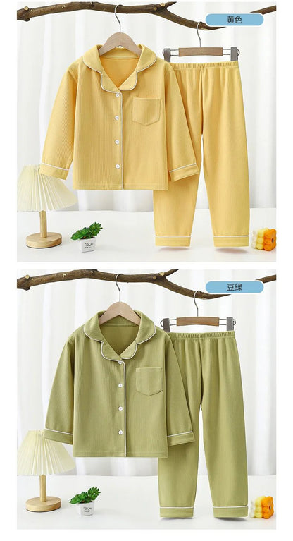 New 2025 Boys Girls Autumn Cotton Pajamas Home Wear Kids Casual Solid Long Sleeve Lapel Pyjamas Teen Sleepwear Clothing Sets