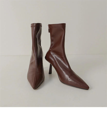 2024 New Autumn Winter Pointed Toe Women Ankle Boots Fashion Zipper Shoes Thin High Heel Women's Morder Short Booties D214