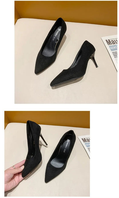 Primavera e outono novos sapatos femininos de salto alto preto, boca rasa pontiaguda fina com temperamento sexy, sapatos únicos, Zapatos De Mujer