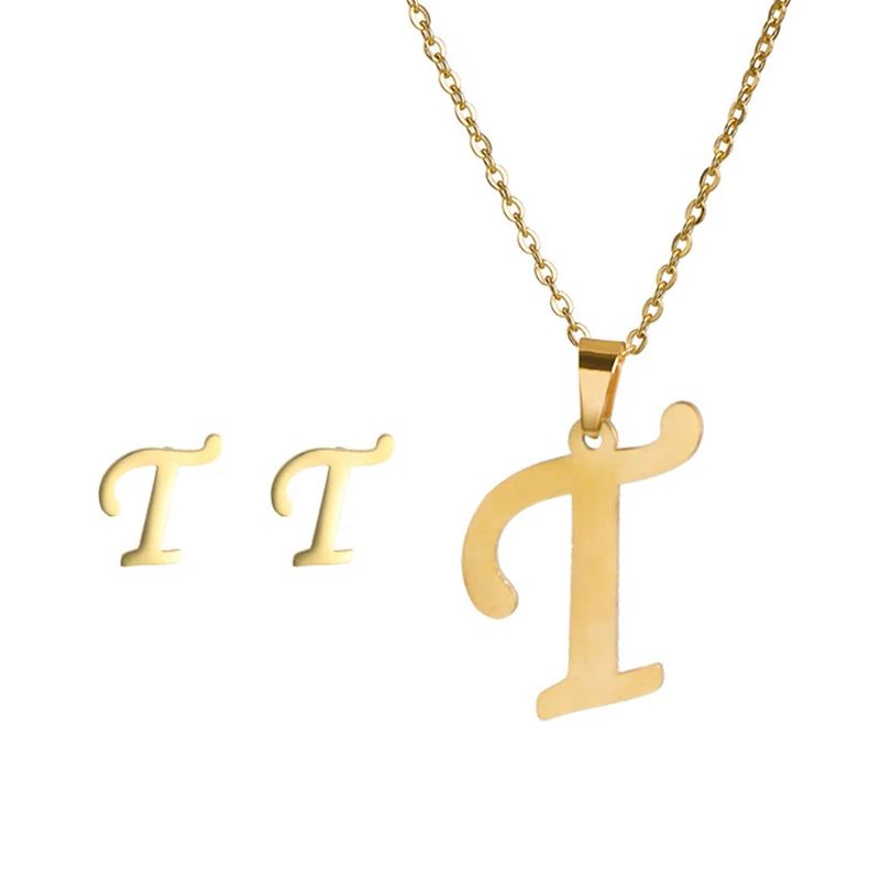 Conjunto Feminino de Colar e Brincos de Aço Inoxidável com Letra Inicial do Alfabeto A-Z - Joias Personalizadas de 26 Letras Inglesas - Presente