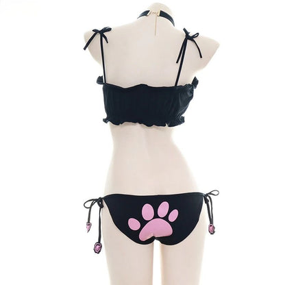 Anime  Cute Cat Paw Bikini Swimsuit Costume Summer Beach  Mini Lovely Cats Bell Swimwear Uniform Cosplay Cats Hollow Bra
