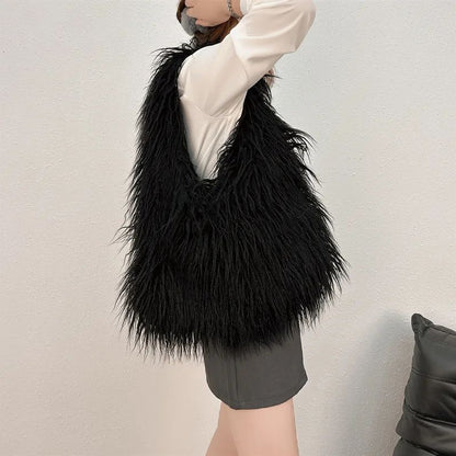 2025 NOVAS Bolsas de Ombro Pelúcia Lã Femininas Y2k Hot Girls Bolsa Saco com Cordão de Pele Sintética Moda Feminina Bolsas de Mão Peludas Tote