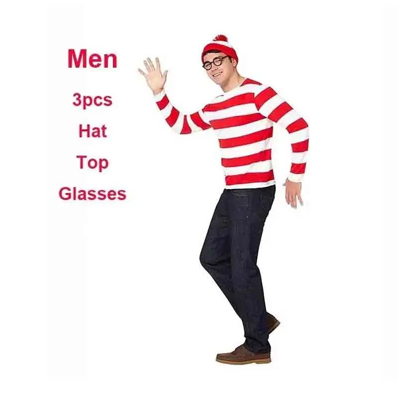Wheres Waldo Striped Shirt Youth Boys Wally Costume Shirt Glasses and Hat Socks Unisex Adults Gift Carnival Cosplay Costume