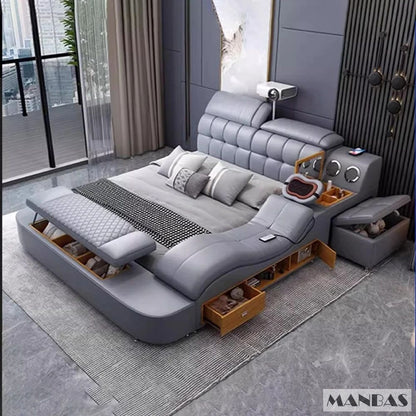 MANBAS Luxury King Size Genuine Leather Bed / Tech Smart Bed / Multifunctional Ultimate Beds / Massage Bed with USB,Projecter