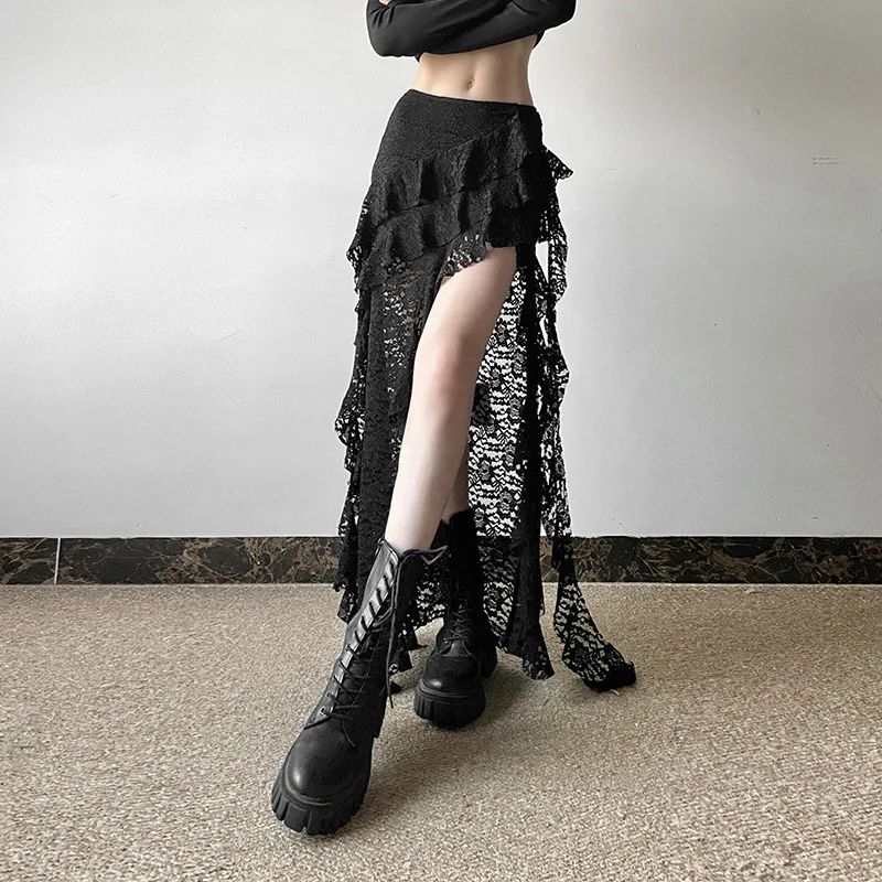 Sexy High Waist Lace Ruffles Skirts Women 2025 Spring Irregular Y2k Skirts Women Fashion Black Patchwork Party Clubwear Gothic