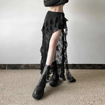 Sexy High Waist Lace Ruffles Skirts Women 2025 Spring Irregular Y2k Skirts Women Fashion Black Patchwork Party Clubwear Gothic