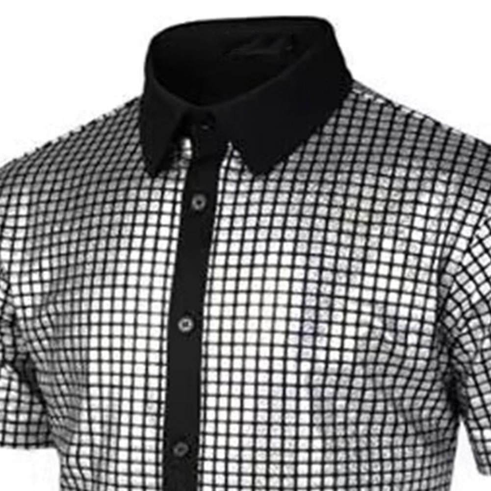 Club Sequin Shirt Mens 70s Disco Costume Vinatge Shirt Turn-down Collar Reflective Shiny Sequins Short Sleeve Button Down Shirt