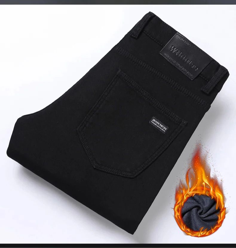 Calça Jeans Masculina Forrada de Lã para Inverno, Reta, Elástica, Preta, de Veludo Grosso, Quente, Casual, Masculina, Tamanhos Grandes