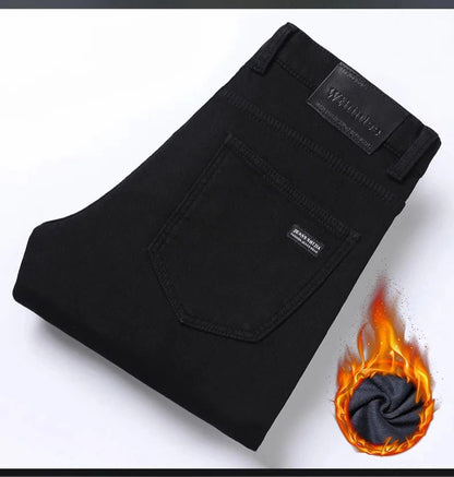 Calça Jeans Masculina Forrada de Lã para Inverno, Reta, Elástica, Preta, de Veludo Grosso, Quente, Casual, Masculina, Tamanhos Grandes