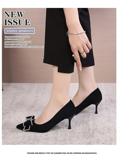 Versatile New Single Shoes Autumn and Winter  Sexy Pointy Rhinestone Black Mature Women's Thin Heels High-heel Zapatos Mujer