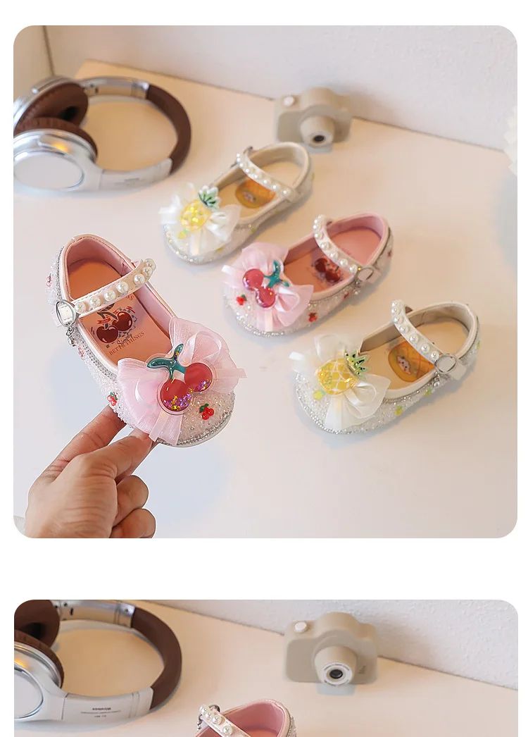 Children's Leather Shoes Autumn New Pink Soft Bottom Flat Kid's Casual Shoes Fashion Cute Cherry Bow Girls' Princess Shoes