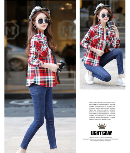 Women's Fleece Lined Long Sleeve Shirt Mid Length Thick Winter Warm Korean Style Elastic plus Size Plaid Patterned Button up