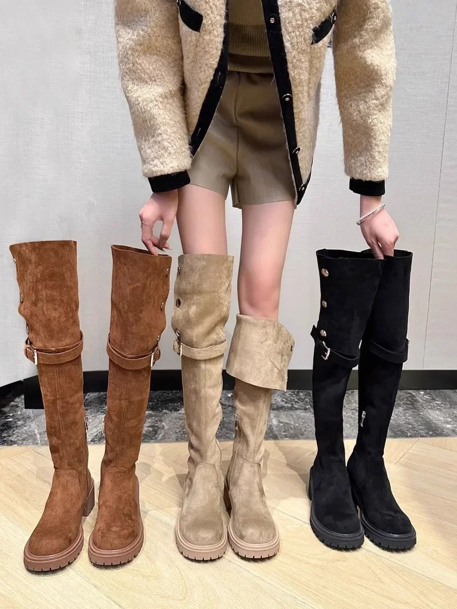 Over The Knee Cowboy Boots Women  Designer Winter Platform Shoes Fashion Fur Suede Wedges Thigh High Boots Motorcycle Shoes 2024