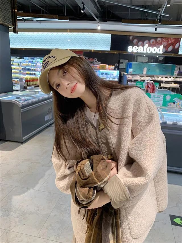 2024 Winter New Women's Lamb Wool Jacket Petite Loose-Fit Thickened Integrated Deer Skin Fleece Medium-Length Korean Style