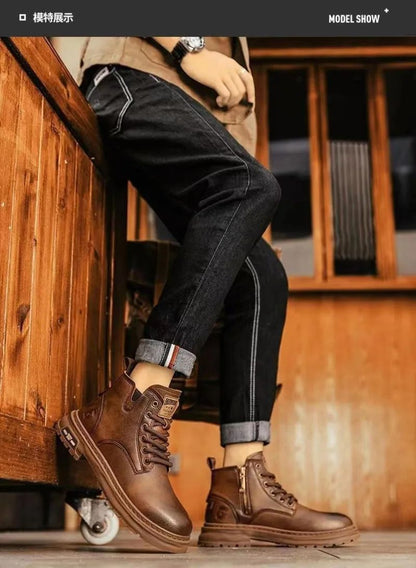 Men's Boots Fashion Motorcycle Boots High-top Casual Leather Boots for Men Plush Warm Winter Boot Non Slip Platform Boot Botas