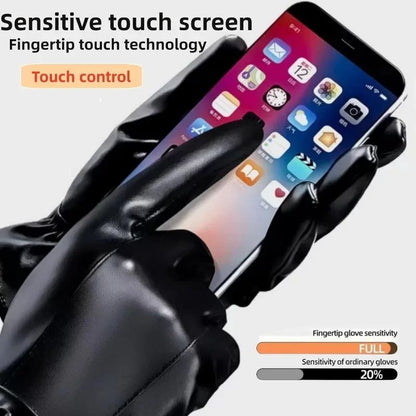 Novas Luvas de Couro PU para Motocicleta para Andar ao Ar Livre Masculinas Luvas de Inverno Quentes Forradas com Lã Luvas Touchscreen Laváveis à Mão