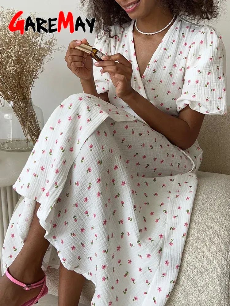 Casual Women's Summer Dresses 100% Cotton Floral Print A-line Midi Dress with Si