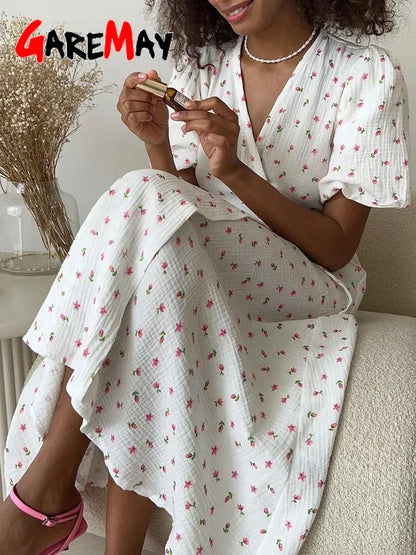 Casual Women's Summer Dresses 100% Cotton Floral Print A-line Midi Dress with Si