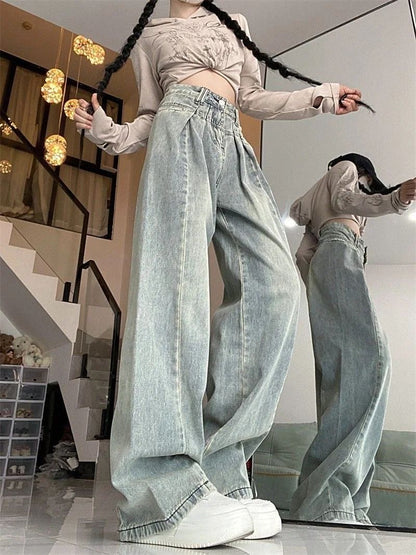 Vintage Light Blue Rugged Jeans Women's Loose-fit High-waisted Slimming Straight-leg Denim Trousers New Autumn Collection
