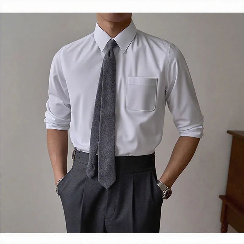 Iron-Free Long Sleeve Silk Smooth Drapey Wedding Shirt for Men Summer Business Formal Wine Red Large Size Men's Clothing