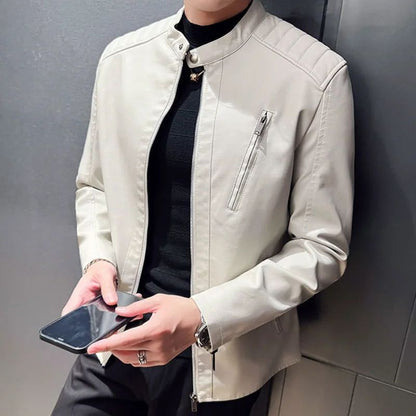 Spring and Autumn Men's Motorcycle Leather Jacket Casual Stand Collar Solid Color White Black Leather Jacket Zip Up PU Coat