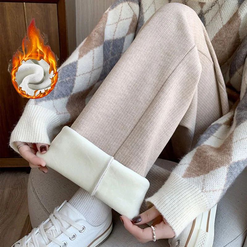 Winter Lady Korean Fashion High Waist Fleece Pants Women Slim Fit Straight Leg Plush Trousers Girls Snow Warm Casual Pants
