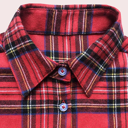 Scottish Red Plaid Shirt Luxury Hong Kong Style Vintage Loose Fit Women's Button up Shirt Polo Collar Full Sleeve Slim Fit