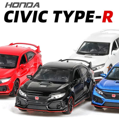 Carrinhos de brinquedo Honda Civic Type-R em liga metálica, escala 1:32, modelos fundidos com som e luz, veículos em miniatura, presentes de aniversário para crianças e adultos