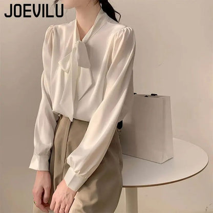 Bow Tie Chiffon Shirts Casual Long Sleeve White Blouse Women's Elegant Business Loose Blouses Ladies Spring and Autumn Chic Tops