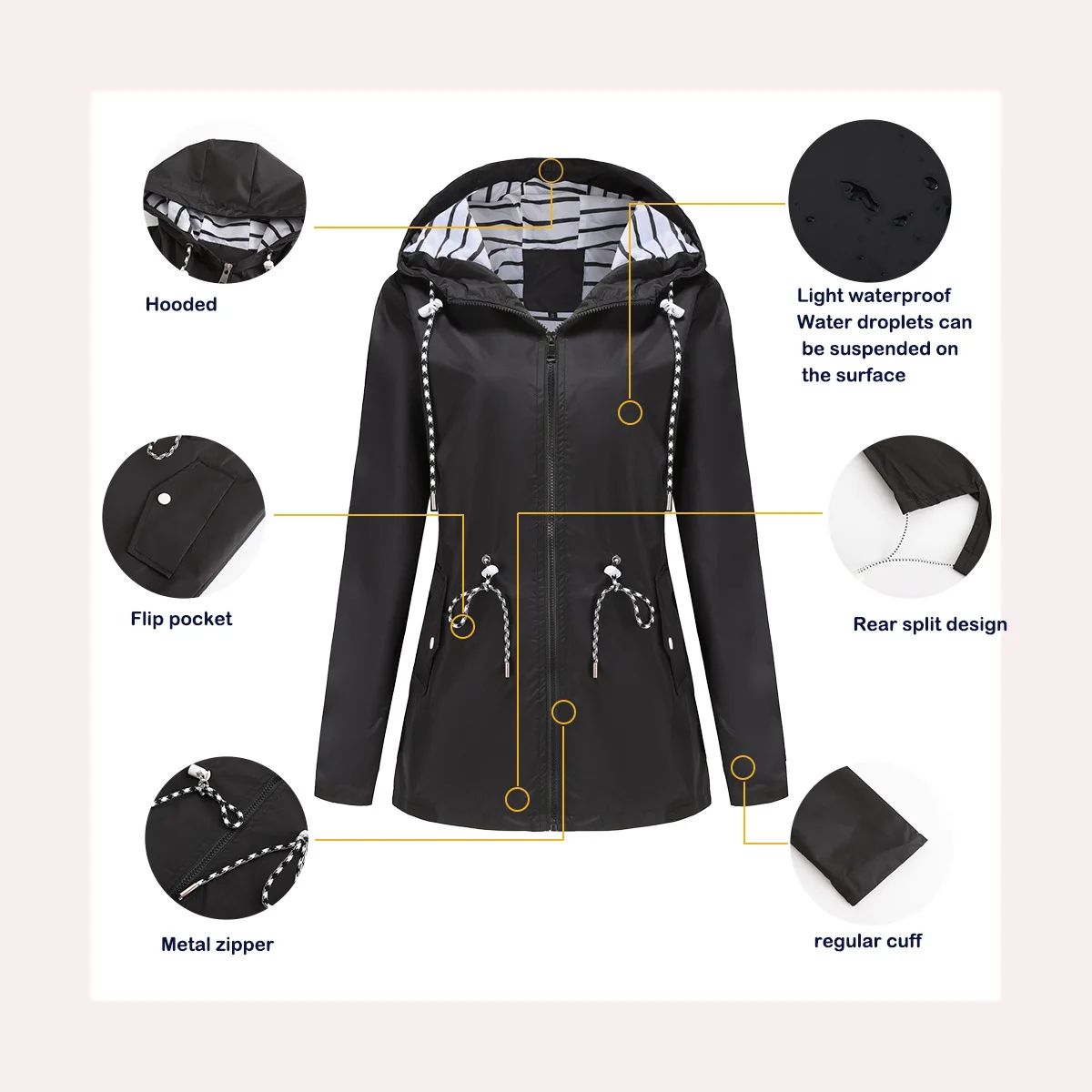 Blue Waterproof Hooded Jacket Women Fashion Casual Coat Waist Drawstring Tie Zipper Switch Red Green Yellow Black Windbreaker