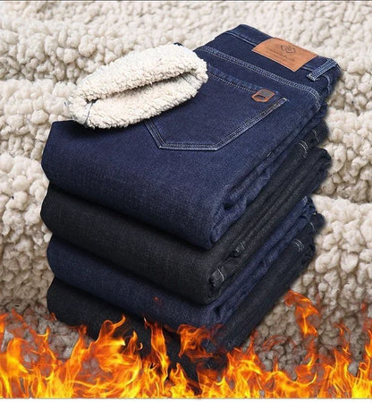 Calça Jeans Masculina de Inverno Forrada de Lã Grossa Sherpa Casual de Negócios Veludo Reta Masculina de Lã Pelúcia Clássica Elástica