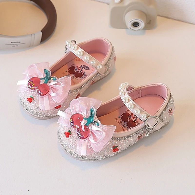 Children's Leather Shoes Autumn New Pink Soft Bottom Flat Kid's Casual Shoes Fashion Cute Cherry Bow Girls' Princess Shoes